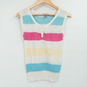 Vintage 90s Pastel Stripe Knit Tank Top Womens M Beach Fun Colorful Henley Retro